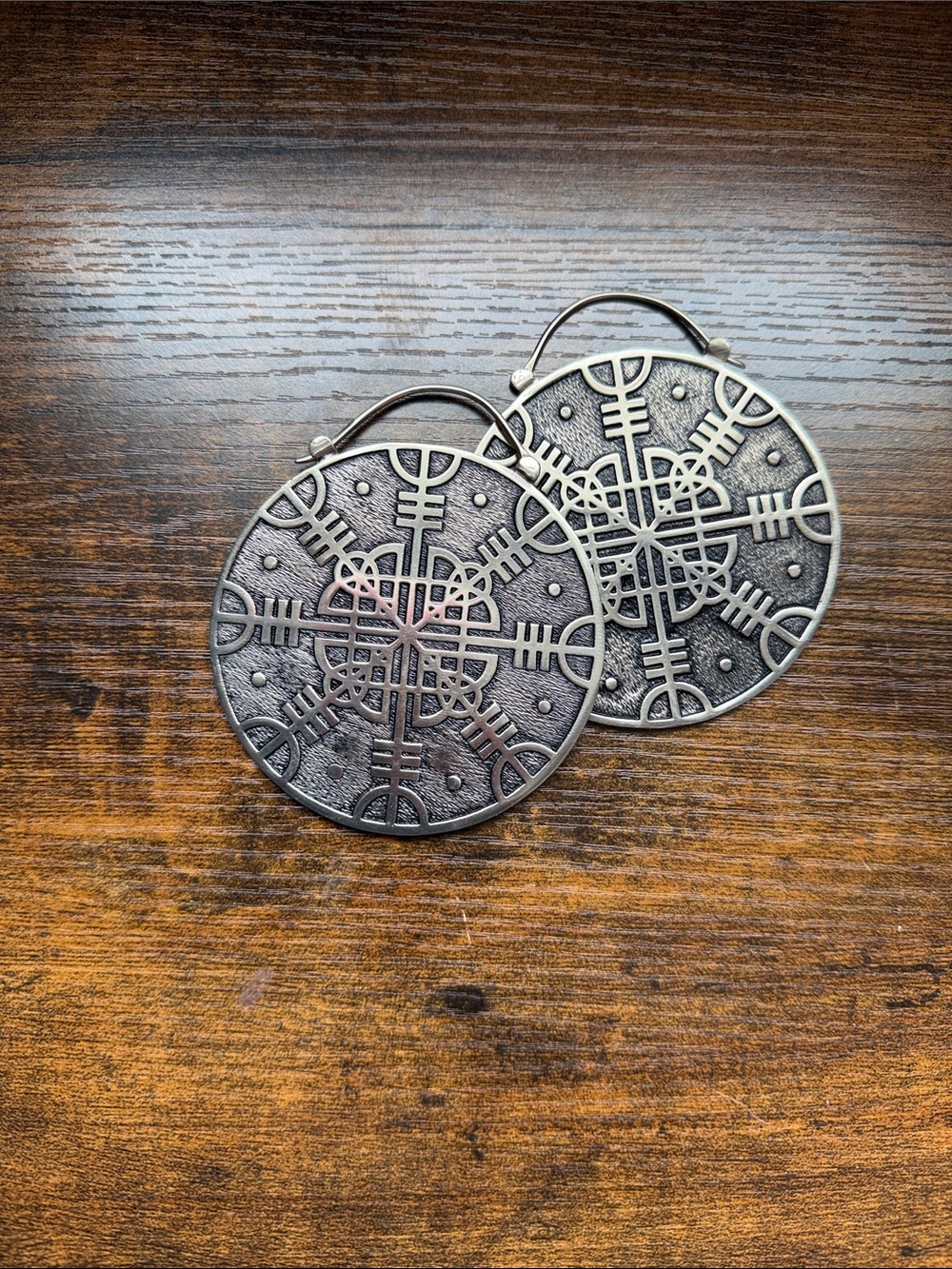 Extra large Viking bind rune ear weights earweights earrings 10 g silver toned
